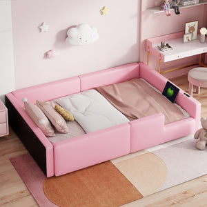 English Elm Twin Upholstered Platform Bed with Guardrail and Built-In Charging Station, Modern Sleek Design for Small Spaces Pink N709P186347H