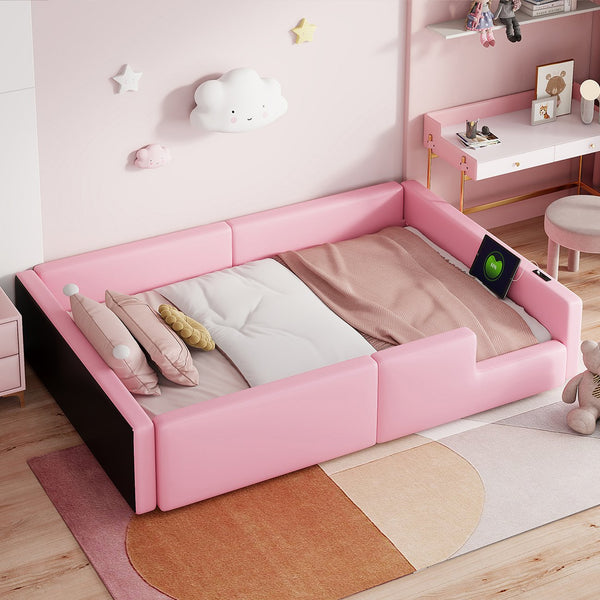 English Elm Twin Upholstered Platform Bed with Guardrail and Built-In Charging Station, Modern Sleek Design for Small Spaces Pink N709P186347H