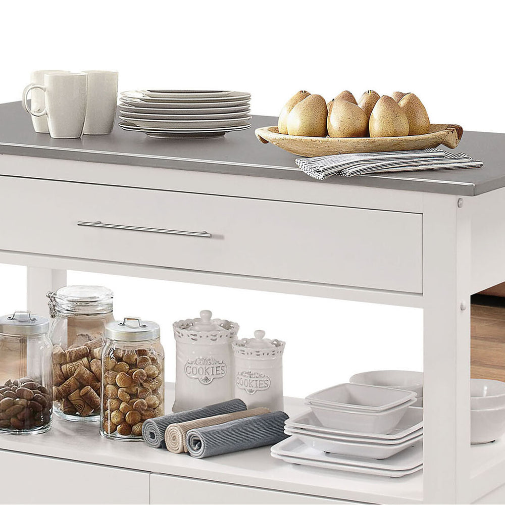 English Elm Stainless Steel Top & White Utility Cart with 3 Drawers, Open Shelf, Locking Casters, Mobile Workspace B062P209304