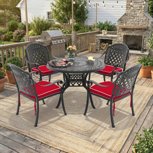 English Elm 5-piece Cast Aluminum Outdoor Dining Set with Carved Floral Frame and Weather-proof Cushions W1710S00547