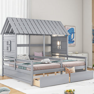 English Elm Twin House Platform Bed with Pitched Roof and Two Under-Drawers for Shared Kids’ Rooms, Durable Pine Gray GX000452AAE