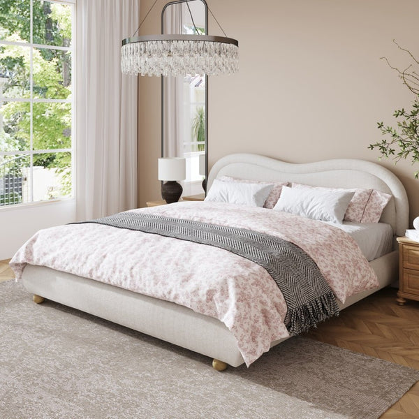 English Elm Queen Chenille Upholstered Bed Curved Headboard Oak Legs Wooden Slat Platform Frame W1716P387791
