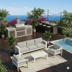 English Elm 4-piece Aluminum Outdoor Conversation Set with Rust-proof Matte Frame and Wpc Coffee Table Grey+White B082S00085