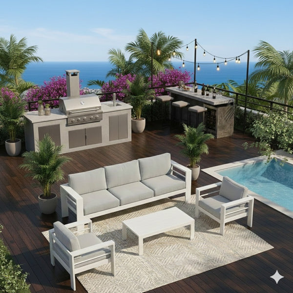 English Elm 4-piece Aluminum Outdoor Conversation Set with Rust-proof Matte Frame and Wpc Coffee Table Grey+White B082S00085