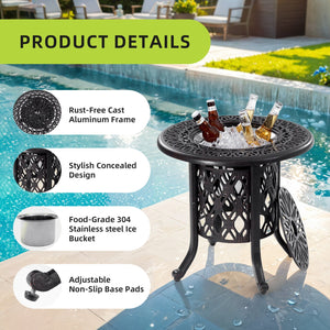 English Elm 21" Rustproof Ice Bucket Side Table with Hand-Brushed Cast Aluminum Frame, 304 Stainless Insert, Outdoor Ready W1886S00001