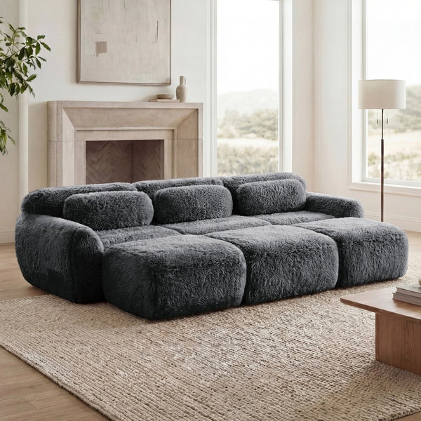 English Elm 3-seater Curved Modular Sectional Plush Upholstered Sofa with Linkable Ottoman for Living Rooms Dark Grey W714S01552