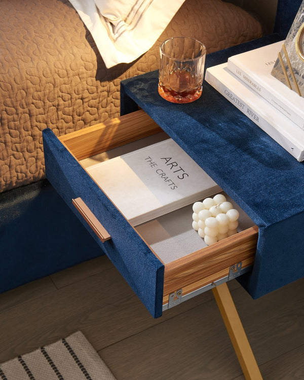 English Elm Queen Modern Floating Bedside Tables with LED Lights, Crossed Metal Legs, Single Drawer Storage, Durable Construction Blue W1793S00015