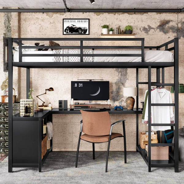 English Elm Metal Twin Xl Loft Bed with L Shaped Desk Wardrobe and Storage for Teens W1580S00370