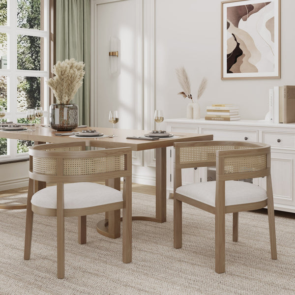 English Elm Christopher Knight Home® - DINING Chair Set of 2 with Rattan Round Back and Upholstered U‑Seat, Wood Frame, Contemporary Style Beige+Natural N771P192287B