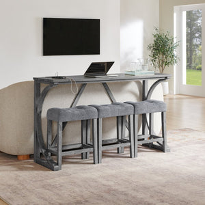 English Elm 59 Inch Bar Table Set with Power Outlet Rubberwood Frame and 3 Linen Stools Grey W2972P385254