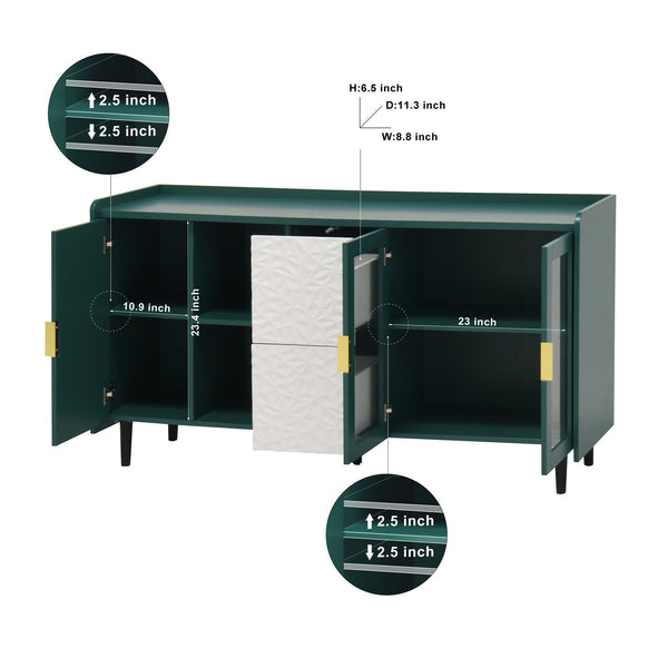 English Elm Modern Kitchen Pantry Storage Cabinet with Glass Doors, 55" Spacious Buffet for Coffee Bar, TV Stand Green W409P171576