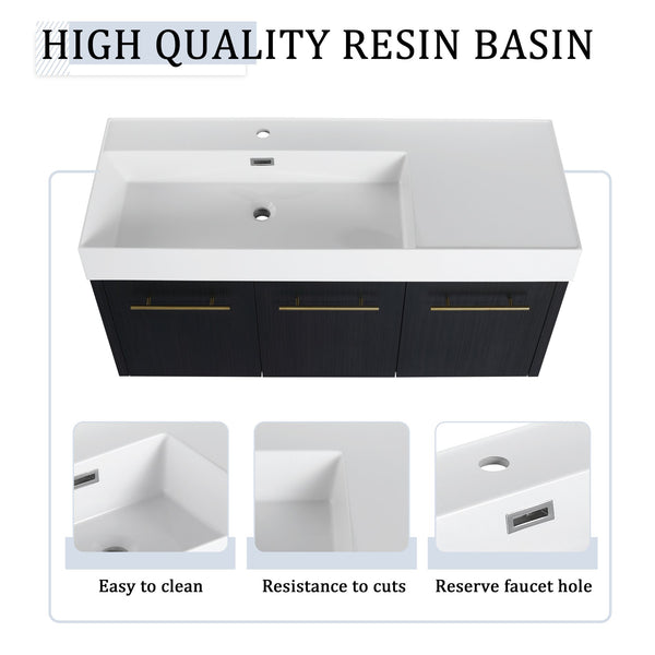 English Elm 48 Inch Wall-Mounted Bathroom Vanity Set With Left Basin Sink, Storage Rack & Soft-Close Hinges W999S00371
