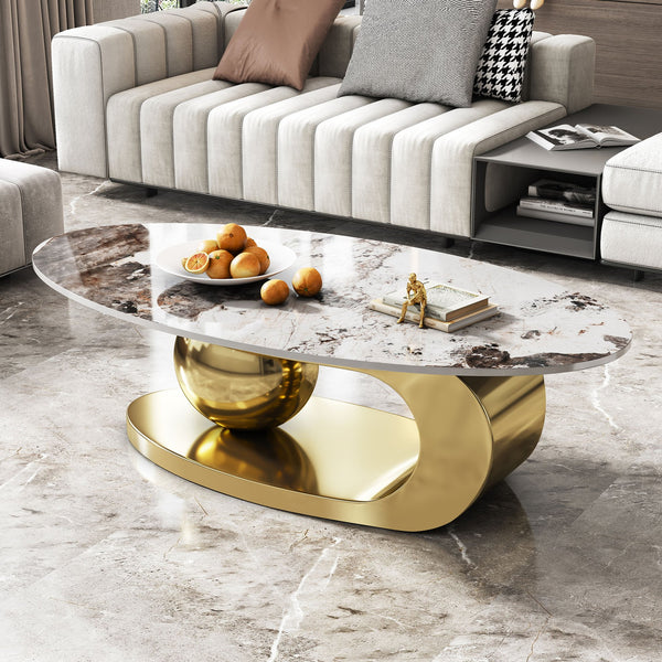 English Elm 49.2 Oval Faux Marble Coffee Table with Titanium-Coated Stainless Steel Base and Sintered Stone Top Gold,White W3136S00014