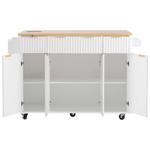 English Elm K&k Fluted Rolling Kitchen Island Faux Marble Top Power Outlet Storage Drawers White N707P353945W