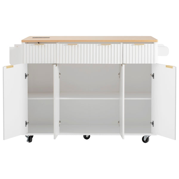 English Elm K&k Fluted Rolling Kitchen Island Faux Marble Top Power Outlet Storage Drawers White N707P353945W