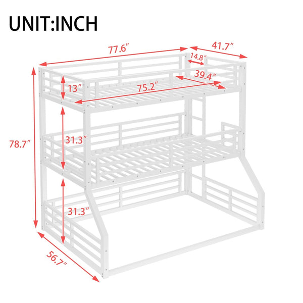 English Elm Twin Metal Triple Bunk Bed – Staggered Design With Safety Guardrails, Noise-Reduced, Space-Saving Style W1580S00168-GIGA