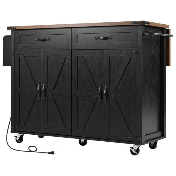 English Elm K&K Farmhouse Kitchen Island Cart 53.5" with Drop Leaf, Built-In Power Station, Ample Storage & Wheels Black N707P170348B