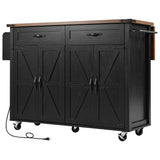 English Elm K&K 53.5''Farmhouse Kitchen Island With Power Outlet, Kitchen Storage Island With Drop Leaf, Spice Rack and Drawer, Rolling Kitchen Cart On Wheels, For Home, Kitchen and Dining Room, Black