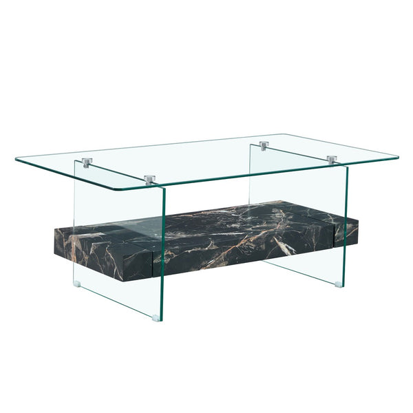 English Elm Rectangular Two Tier Glass Coffee Table with Marble Shelf for Modern Living Rooms W2920P226071