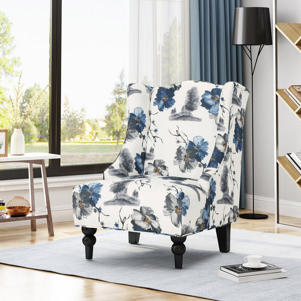 English Elm Christopher Knight Home® - TODDMAN High-Back Club Chair with Smooth Upholstery and Sloped Arms, Modern Wingback Comfort beige +blue flower 64469.00