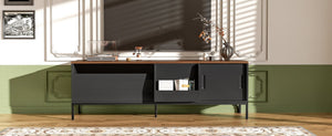 English Elm U-can Mid Century Walnut Media Console with Sliding Doors and Metal Frame for Living Rooms Black N724P360370B