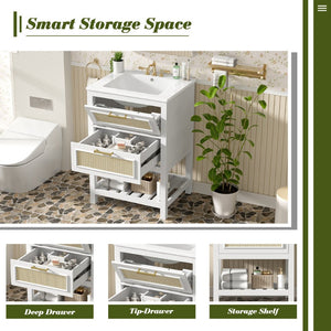 English Elm 24" Rattan Front Bathroom Vanity with Ceramic Sink Deep Drawer Storage Mdf Cabinet White N710P293990K