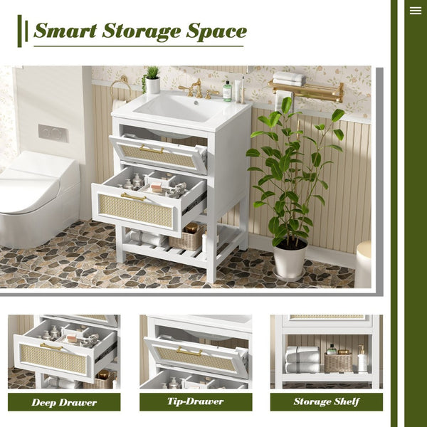 English Elm 24" Rattan Front Bathroom Vanity with Ceramic Sink Deep Drawer Storage Mdf Cabinet White N710P293990K