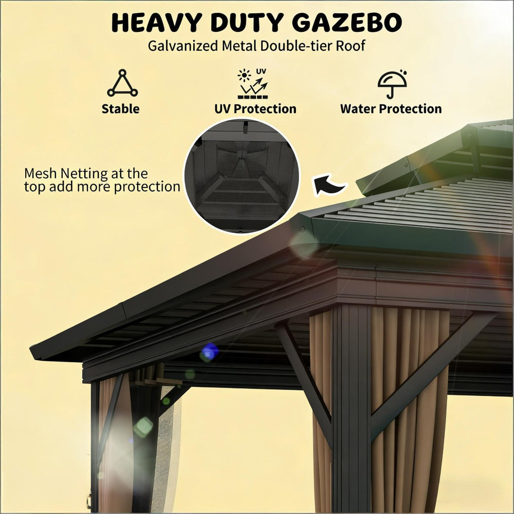 English Elm Metal Hardtop Gazebo Two Tier Galvanized Steel Roof Outdoor Patio Canopy Shelter T3971S00173