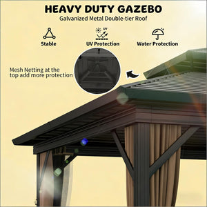 English Elm Metal Hardtop Gazebo Two Tier Galvanized Steel Roof Outdoor Patio Canopy Shelter T3971S00173