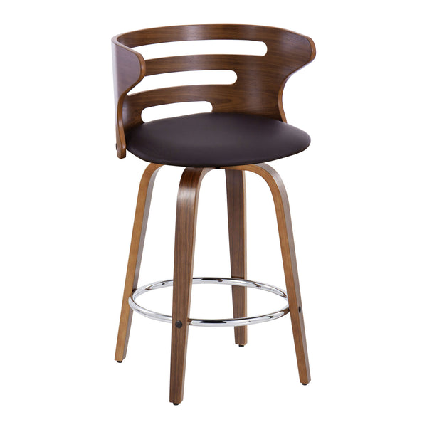 English Elm Cosini Mid-Century Modern 26" Fixed-Height Swivel Barstool Set of 2 — Walnut Wood, Padded Fabric Seat, Chrome Footrest Brown B202S00205