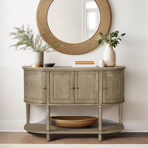 English Elm Accent Reclaimed Greige Cabinet with Lower Shelf, Solid Wood Frame, Oval Side Storage, 100lb Top Capacity B035P256567