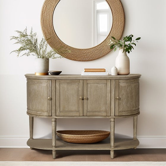 English Elm Accent Reclaimed Greige Cabinet with Lower Shelf, Solid Wood Frame, Oval Side Storage, 100lb Top Capacity B035P256567
