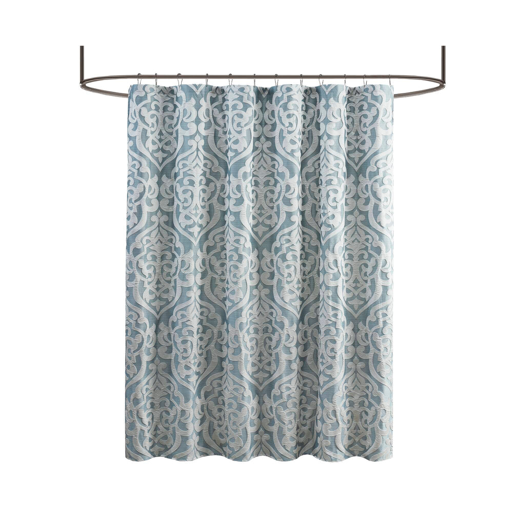 JLA Home Madison Park - Jacquard Silver Medallion Shower Curtain — Textured Damask Weave, 72x72 Durable Machine-Washable Aqua/Silver MP70-8085
