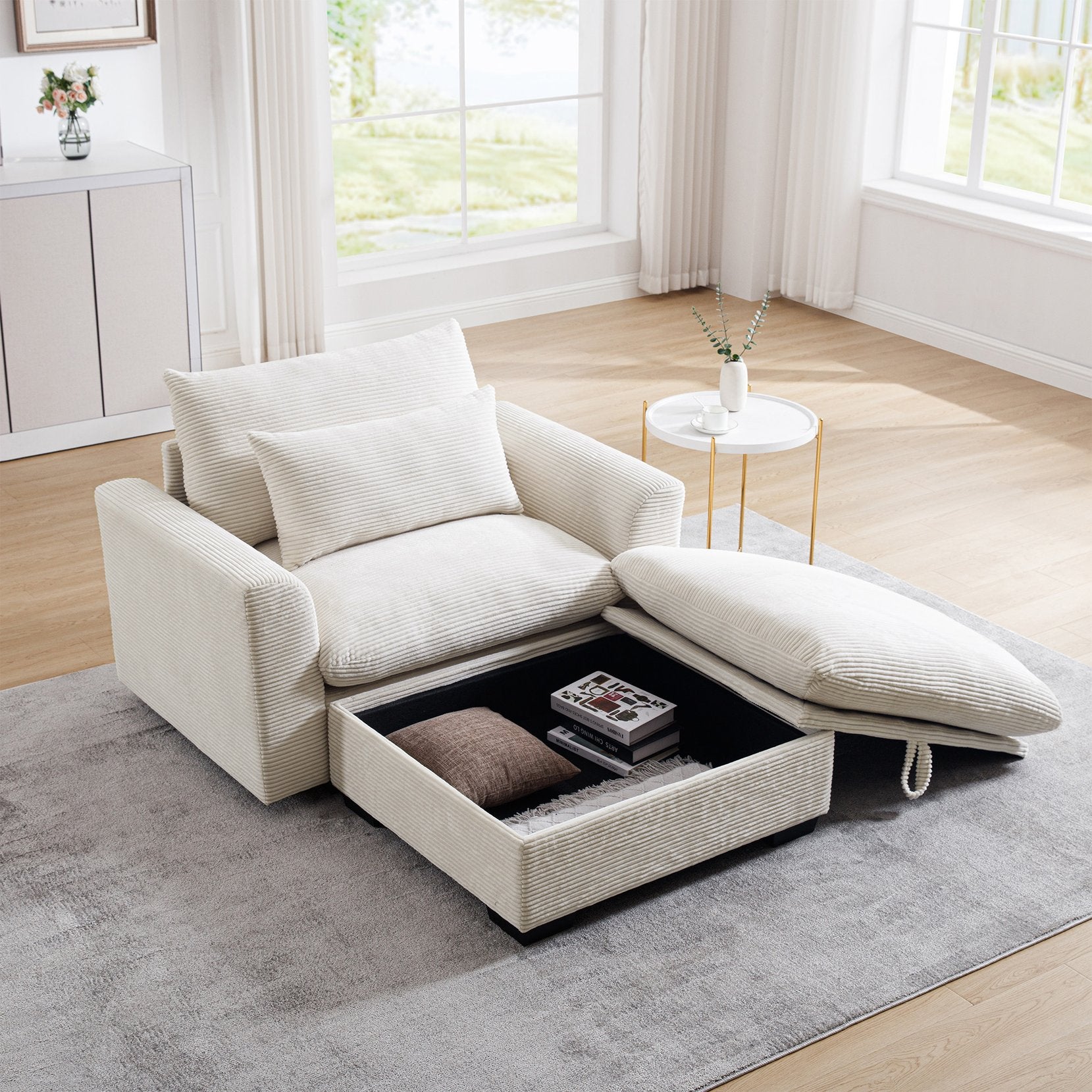 English Elm Beige Modular Corduroy Sofa Couch With Storage Ottoman - Versatile Deep Seating For Modern Spaces W714S00636