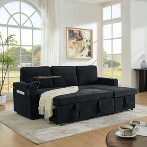 English Elm Modern Chenille Pull-Out Bed Sofa With Led Lights, Usb Ports, Cup Holders & Retractable Table, Black W1413S00098