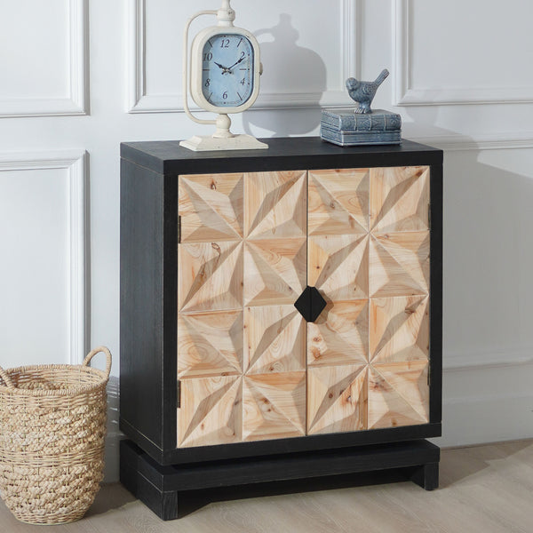 English Elm 3D Geometric Carved Double-Door Cabinet with Black Frame, Natural Wood Grain, Modular Storage Solution W2729P199004