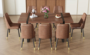 English Elm Table & Chair Set: Industrial Walnut Dining Table With 8 Brown Suede Chairs For Modern Spaces W1151S02433-GIGA