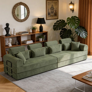 English Elm L Shaped Corduroy Sectional Sofa Converts to Sleeper Bed Space Saving Modular Couch Grayish Green W5532S00006