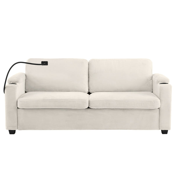 English Elm 72.8" Corduroy Sleeper Sofa Loveseat with Full Mattress, USB Charging, Cup Holders, Storage Pockets Beige N719P208880A