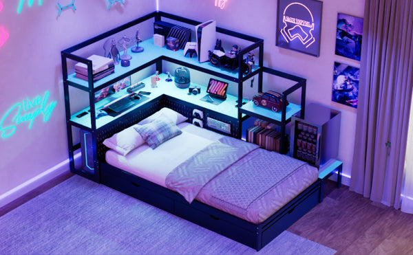 English Elm Twin Gaming Daybed with Led Strips Desk Pegboard Bookcase and Three Storage Drawers Black+Blue N820S00083C