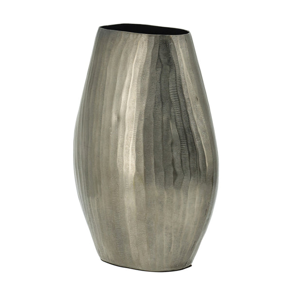 English Elm 9.5x5.5x12" Aluminum Layered Chisel Oval Vase — Smoke Silver Metallic Finish, Vertical Texture Centerpiece Decor W2078P316485