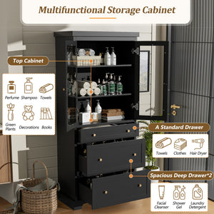 English Elm 70.1" Modern Tall Storage Cabinet with 3 Drawers, 2 Adjustable Shelves, Soft-Close Glass Doors, Gold Handles Black N729P271979B