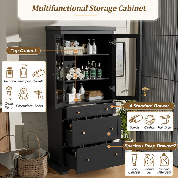 English Elm 70.1" Modern Tall Storage Cabinet with 3 Drawers, 2 Adjustable Shelves, Soft-Close Glass Doors, Gold Handles Black N729P271979B