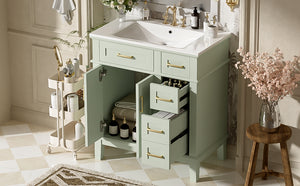 English Elm 30" Bathroom Vanity with Ceramic Sink and Deep Storage, Soft-Close Doors, Gold Handles, Durable Wood Frame Green N729P276610F
