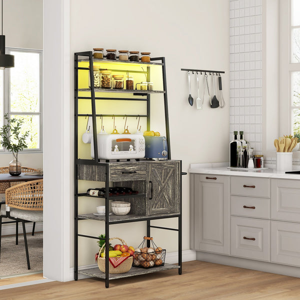 English Elm HOMCOM Bakers Rack with LED RGB Lights, Built-In Outlets & USB, Wine Rack, Drawer, Industrial Charm Gray W2225P217366