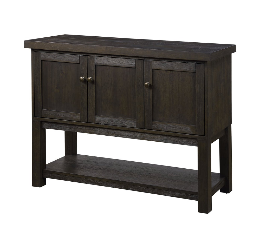 English Elm Haddie Distressed Walnut Server with 3 Doors & Open Shelf, Dark Walnut Wood Veneer Storage Cabinet B2726P311064