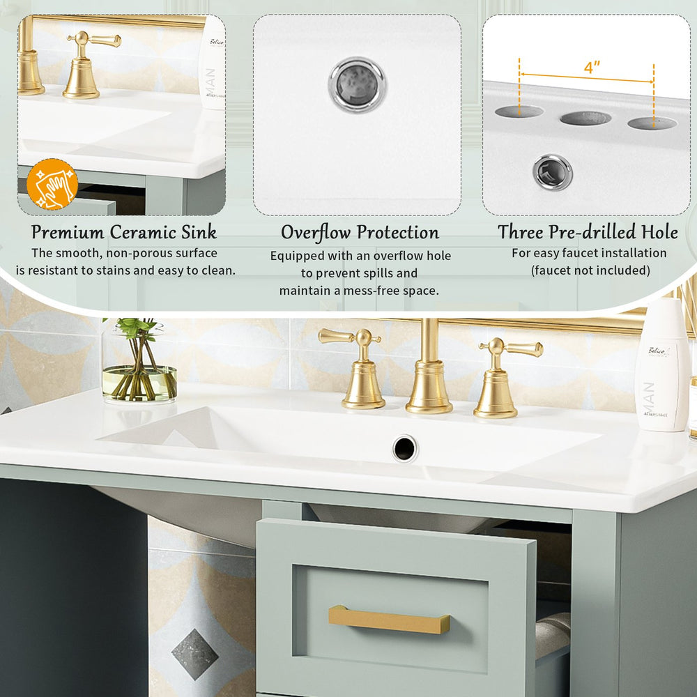 English Elm 30" Modern Bathroom Vanity with Solid Wood Frame, 3 Soft-Close Drawers and Ceramic Sink, Sleek Design Sage Green N729P170557G