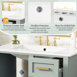 English Elm 30" Modern Bathroom Vanity with Solid Wood Frame, 3 Soft-Close Drawers and Ceramic Sink, Sleek Design Sage Green N729P170557G