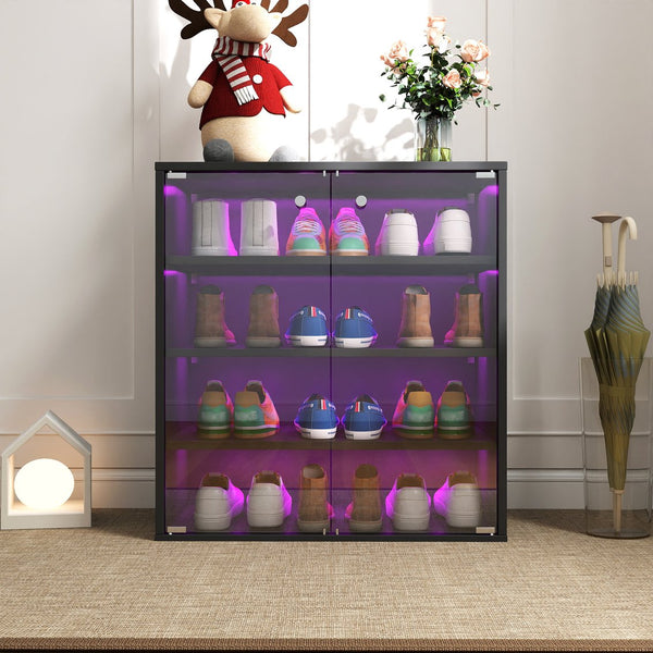 English Elm Shoe LED Display Case with Tempered Glass and Remote RGB Lighting, Stackable Wooden Organizer Black W331P242617