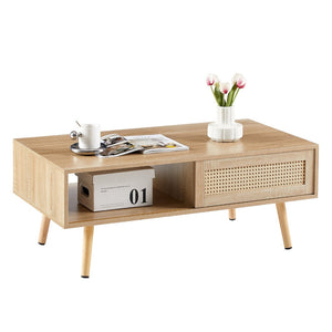 English Elm 41.34" Woven Rattan Coffee Table with Sliding Storage Door and Solid Wood Legs W126573113